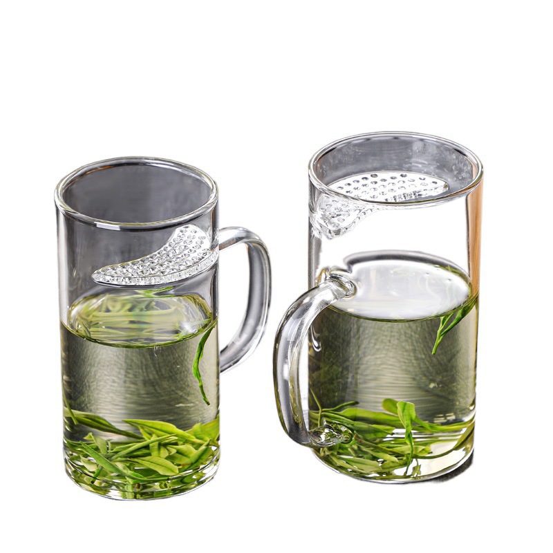 Crescent-shaped glass water cup, large-capacity tea water cup, office separation and filtration tea brewing cup with handle, glass water cup Item Picture