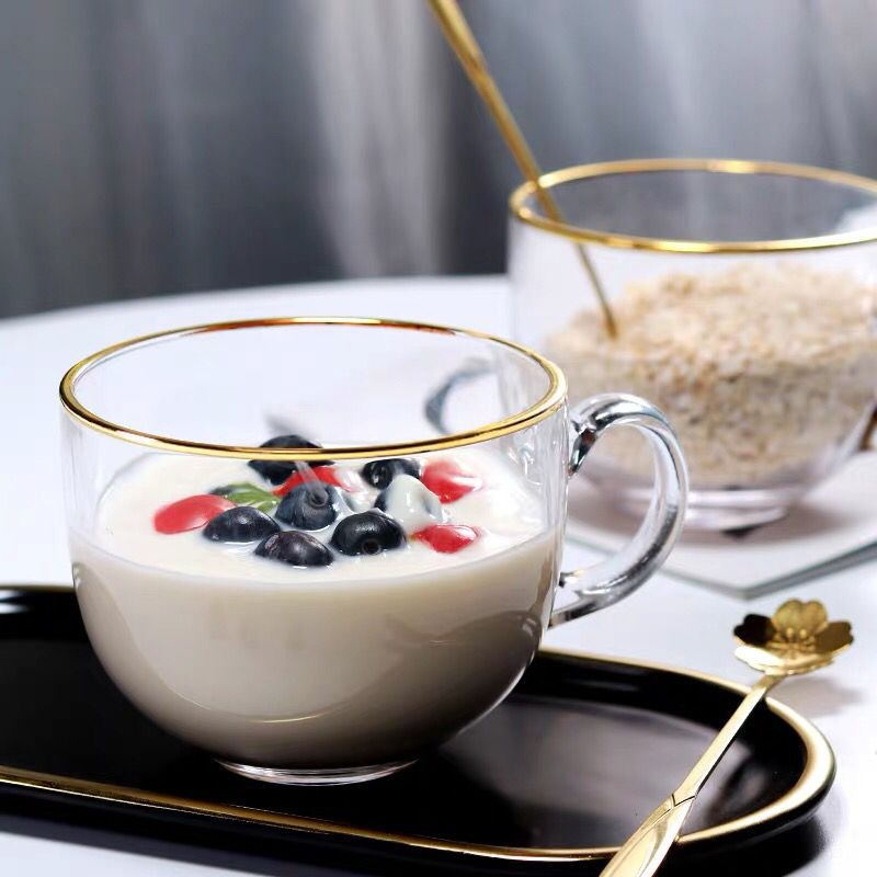 Lizun large-capacity gold-edge glass cups, breakfast cups, oatmeal cups, milk cups, coffee cups, dessert cups wholesale with logo printing full figure