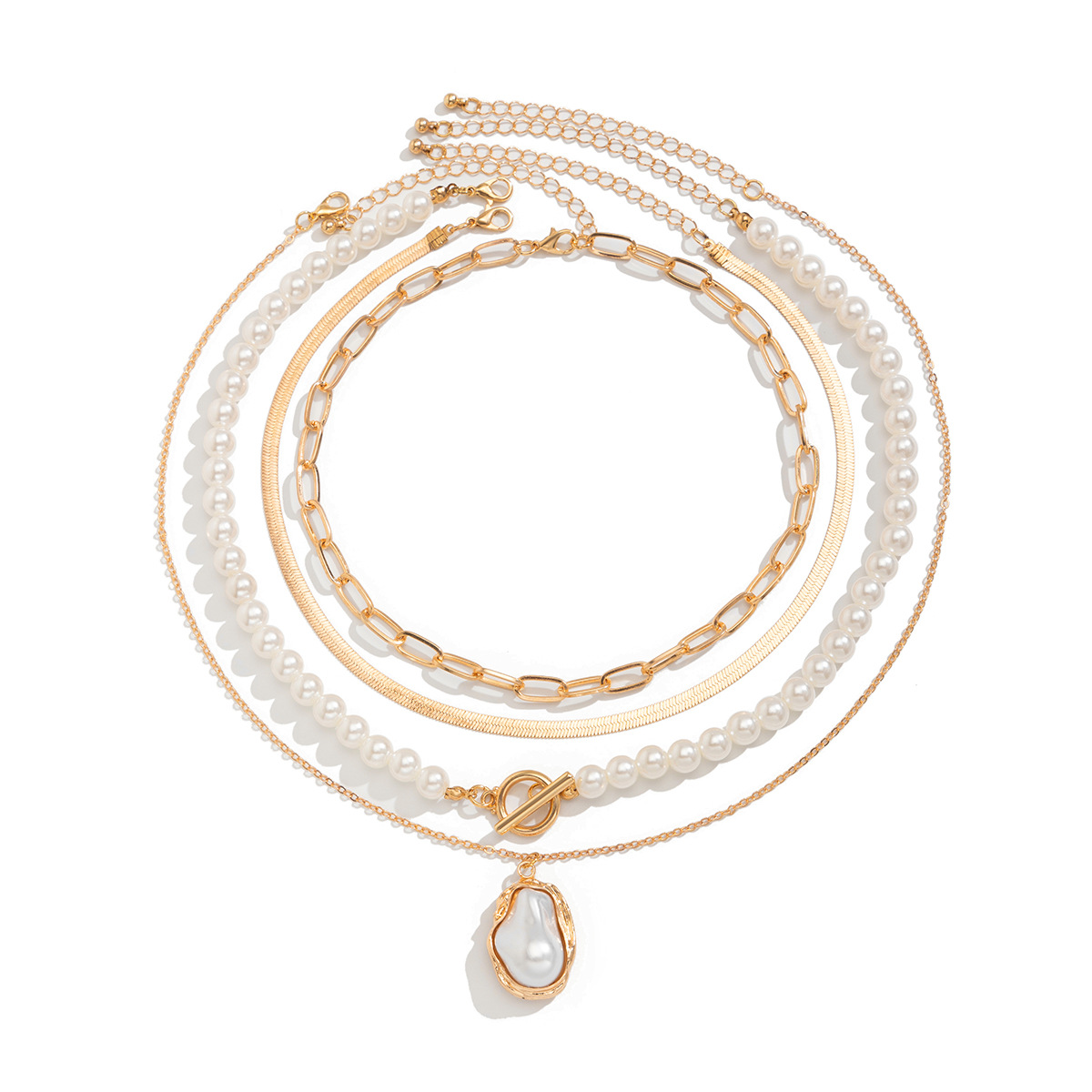 European and American cross-border jewelry, ins metallic round pendant, collarbone chain, irregular beaded pearl multi-layer necklace Item Picture