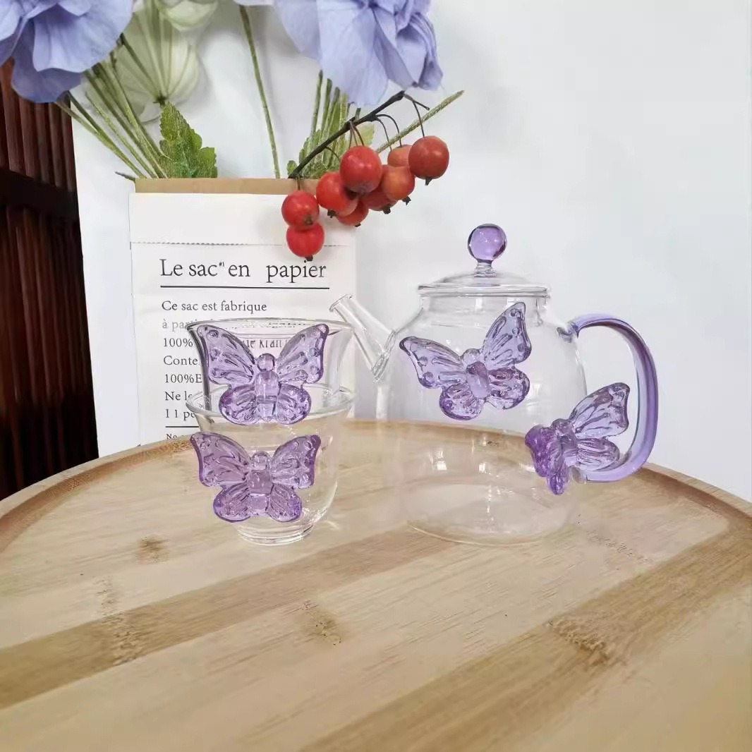"Teenage Heart Butterfly Teapot, high borosilicate heat-resistant glass cup, Fairy style tea set, high-temperature resistant brewing teapot, creative design. full figure