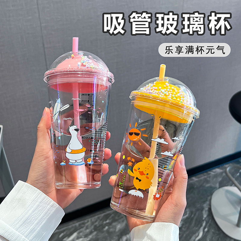 Cartoon graduated glass straw cup, double-layer portable summer casual cup, cute straw cup, creative cup details Picture