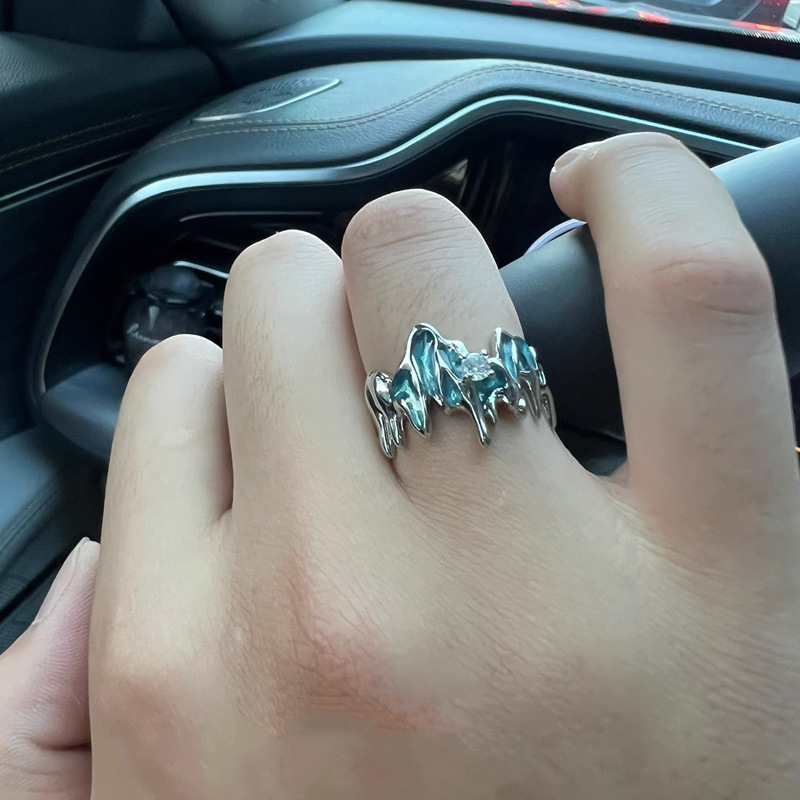 Irregularly shaped blue drip glaze open ring for women, a niche design with a high-end and trendy open ring for both men and women Specification drawing