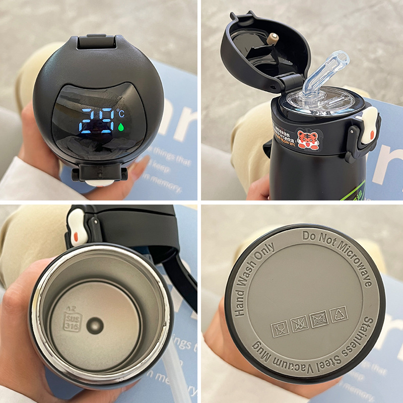 Smart temperature-displaying stainless steel insulated cup for children and students, 2024 new style cartoon cute portable straw cup details Picture