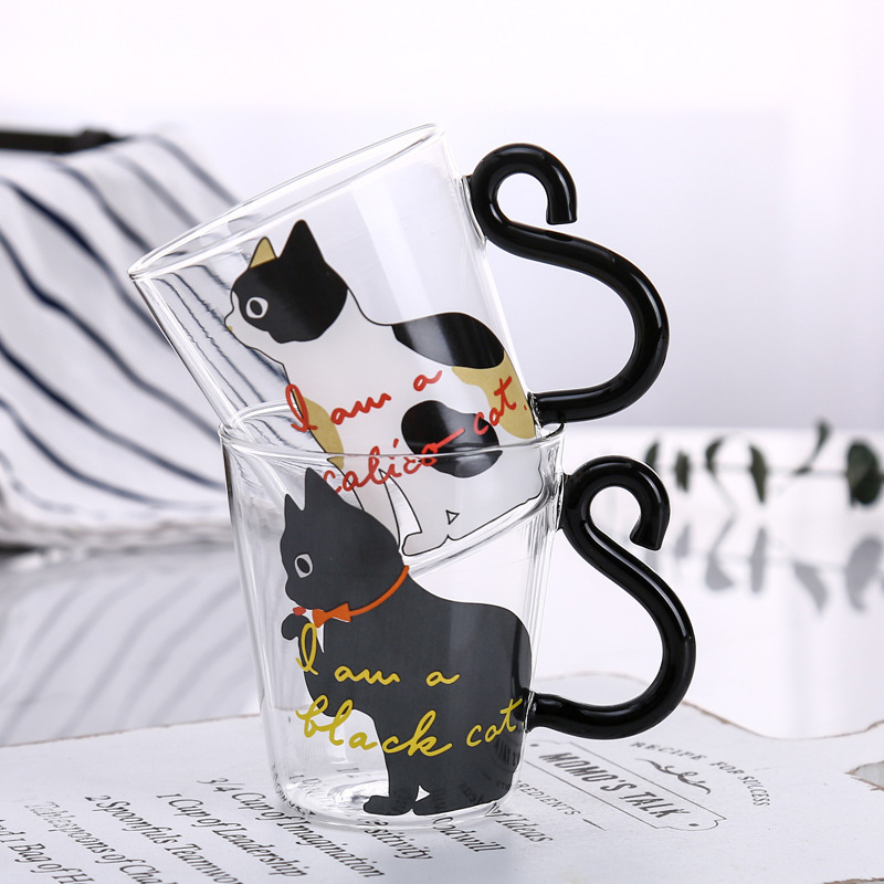 Household cartoon cat cups, popular high borosilicate glass cups with handles, couple water cups, children's milk coffee cups details Picture