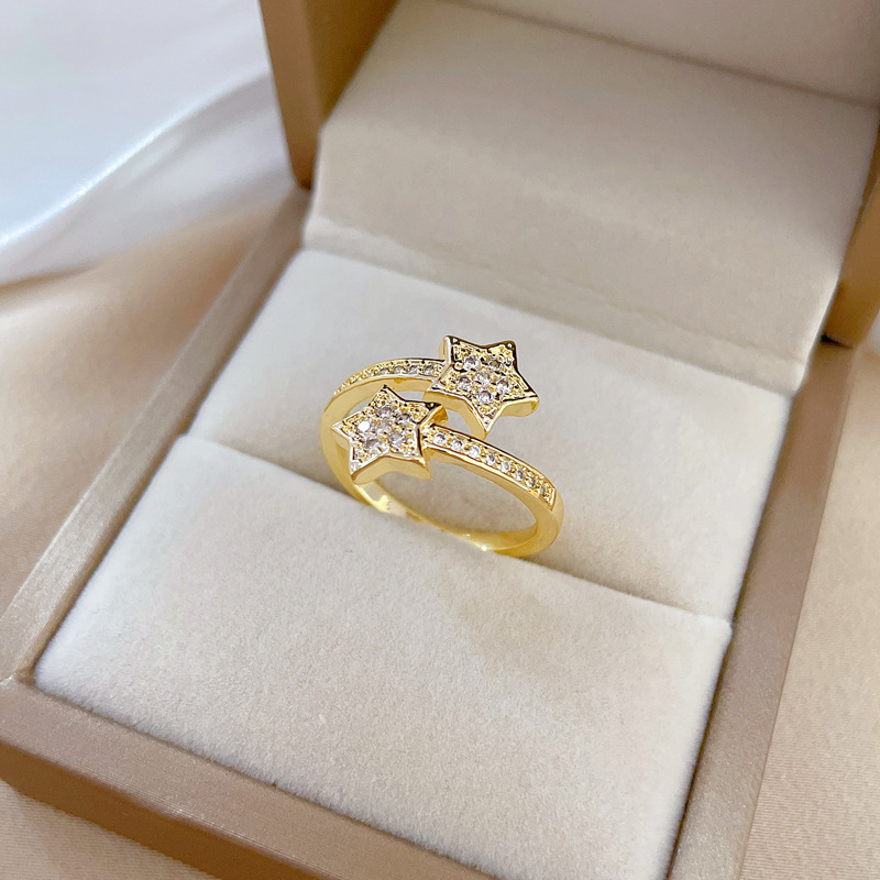 【 Real gold electroplating 】 Open five-pointed star fashionable slightly inlaid light luxury ring index finger ring, the same style as the Internet celebrity, cold style details Picture