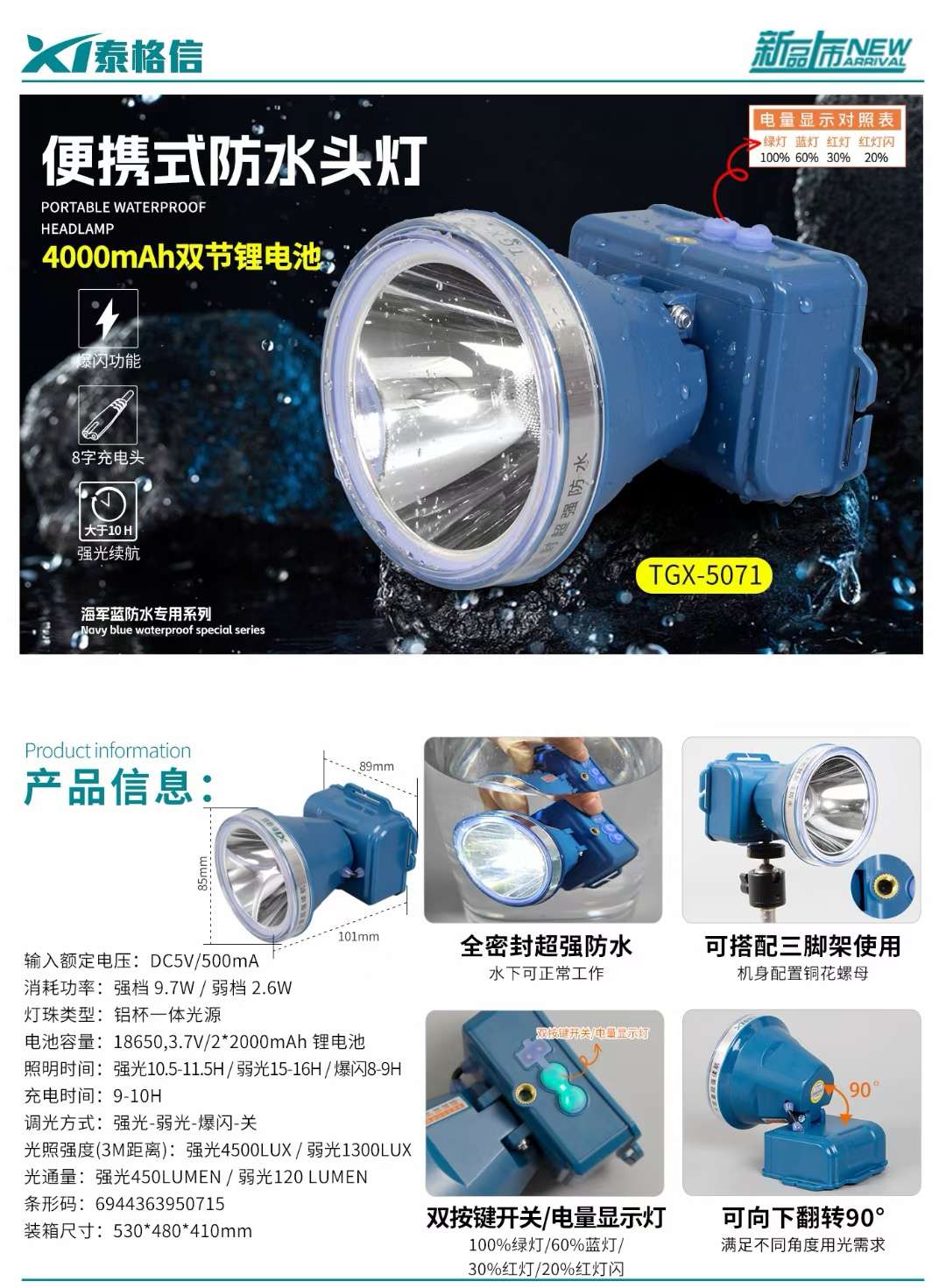 TGX-5071 Lithium battery rechargeable headlamp for outdoor mountain campers from Tegxin Specification image