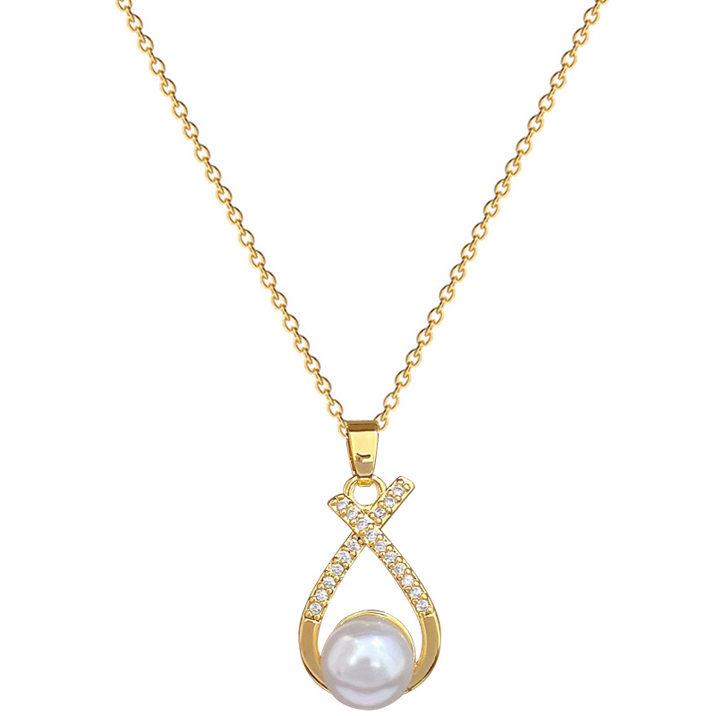 【 Titanium Steel 】 Necklace and earring set, light luxury Full diamonds, crossed pearls, personalized and elegant banquet earrings and necklaces Item Picture