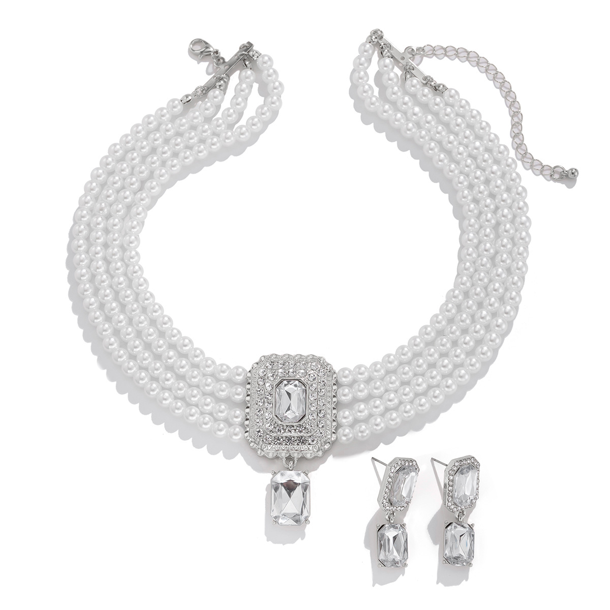 European and American cross-border jewelry, fashionable pearl necklace set, light luxury geometric alloy multi-layer collarbone chain Item Picture