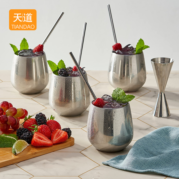 Stainless steel double-layer beer mugs, bar round-bellied egg-shaped cups, red wine and coffee mugs, Martell cups without bases Application Scenario