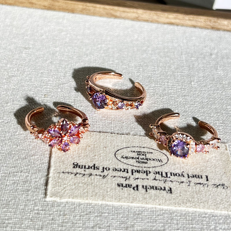 A light luxury, super fairy-like rose gold purple diamond, high-end open ring, sweet, cool, fashionable, niche and cold style ring trend for women Specification drawing