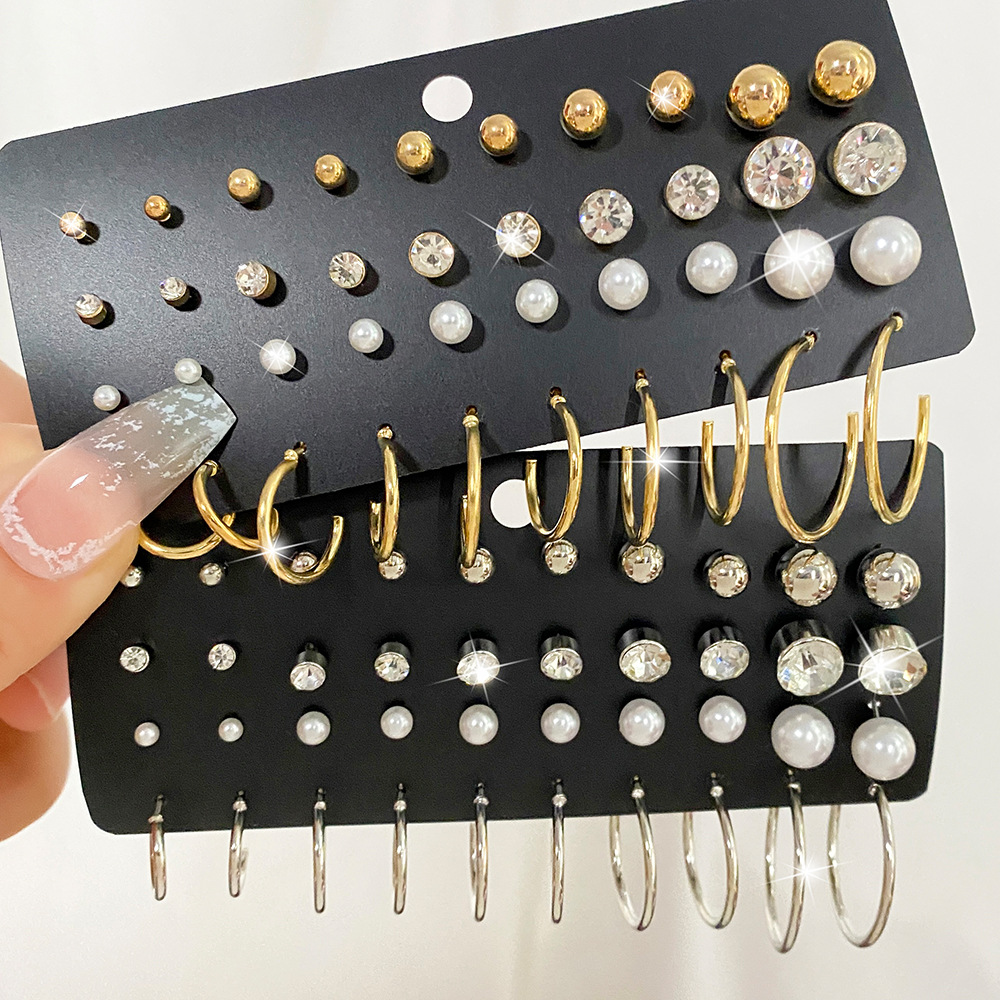 Wholesale of 20 pairs of new cross-border pearl zircon ear stud sets from Europe and America, featuring creative, retro, simple and elegant style full figure