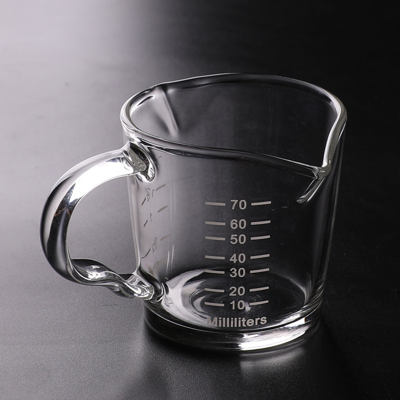 Thickened heat-resistant glass double-spout milk cup, mixed milk cup with scale, mini glass coffee cup, extraction cup, small milk cup Specification drawing