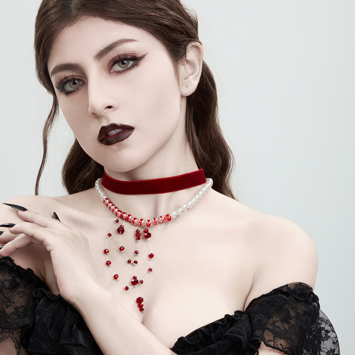 European and American cross-border accessories, Gothic style pearl necklace, choker Halloween blood drop tassel crystal collarbone chain Specification drawing
