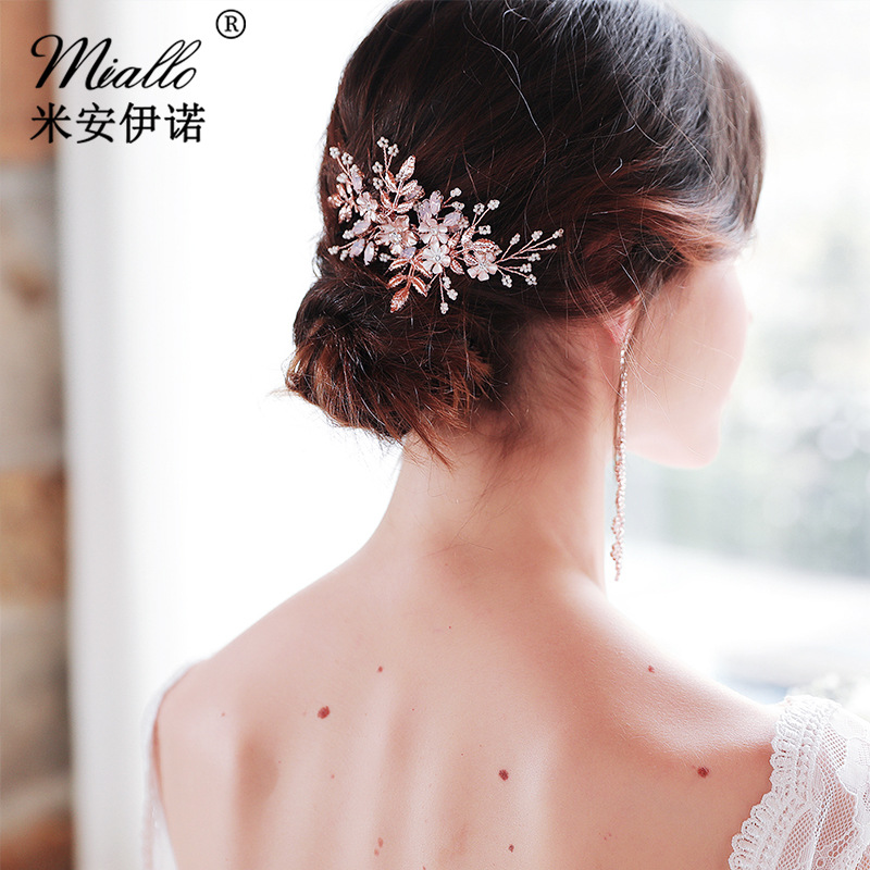 miallo's original designed bridal headwear features a simple European and American floral comb and handcrafted pearl rhinestone bridesmaid combs full figure