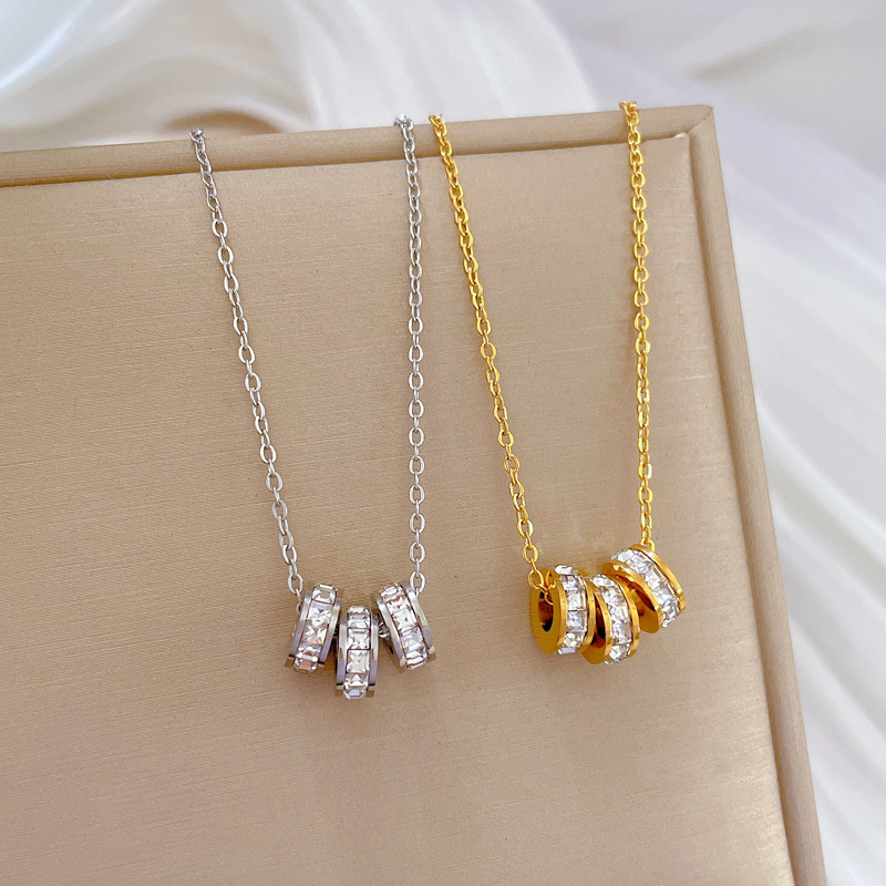 【 All-titanium Steel 】 Three-ring diamond-encrusted mini waist minimalist style furnace real gold necklace, female Instagram Internet celebrity collarbone chain Specification drawing