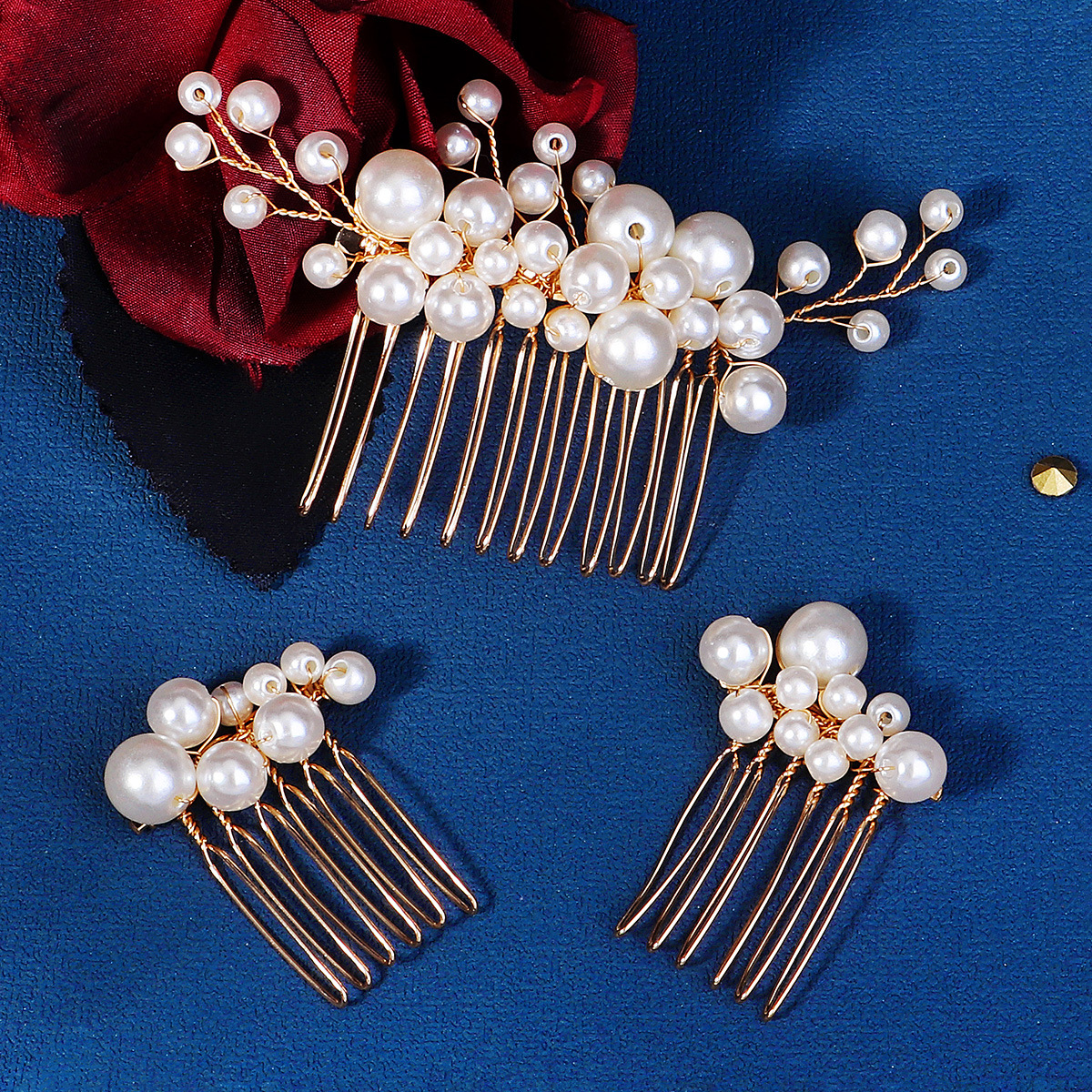 Japanese and Korean Ins-style hair accessories, retro socialite updo, hand-stitched comb, bride's wedding dress, evening gown, pearl hair comb three-piece set details Picture