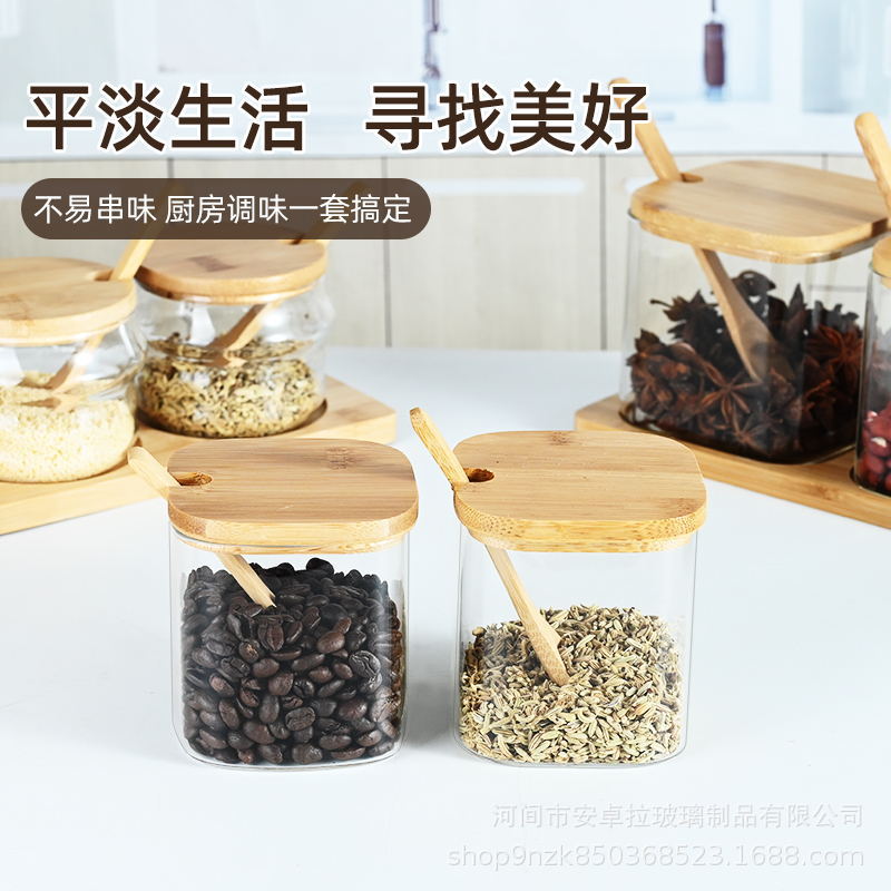 Wholesale glass square wooden spoon storage jars, square glass seasoning jars, transparent candy and food storage sealed jars details Picture
