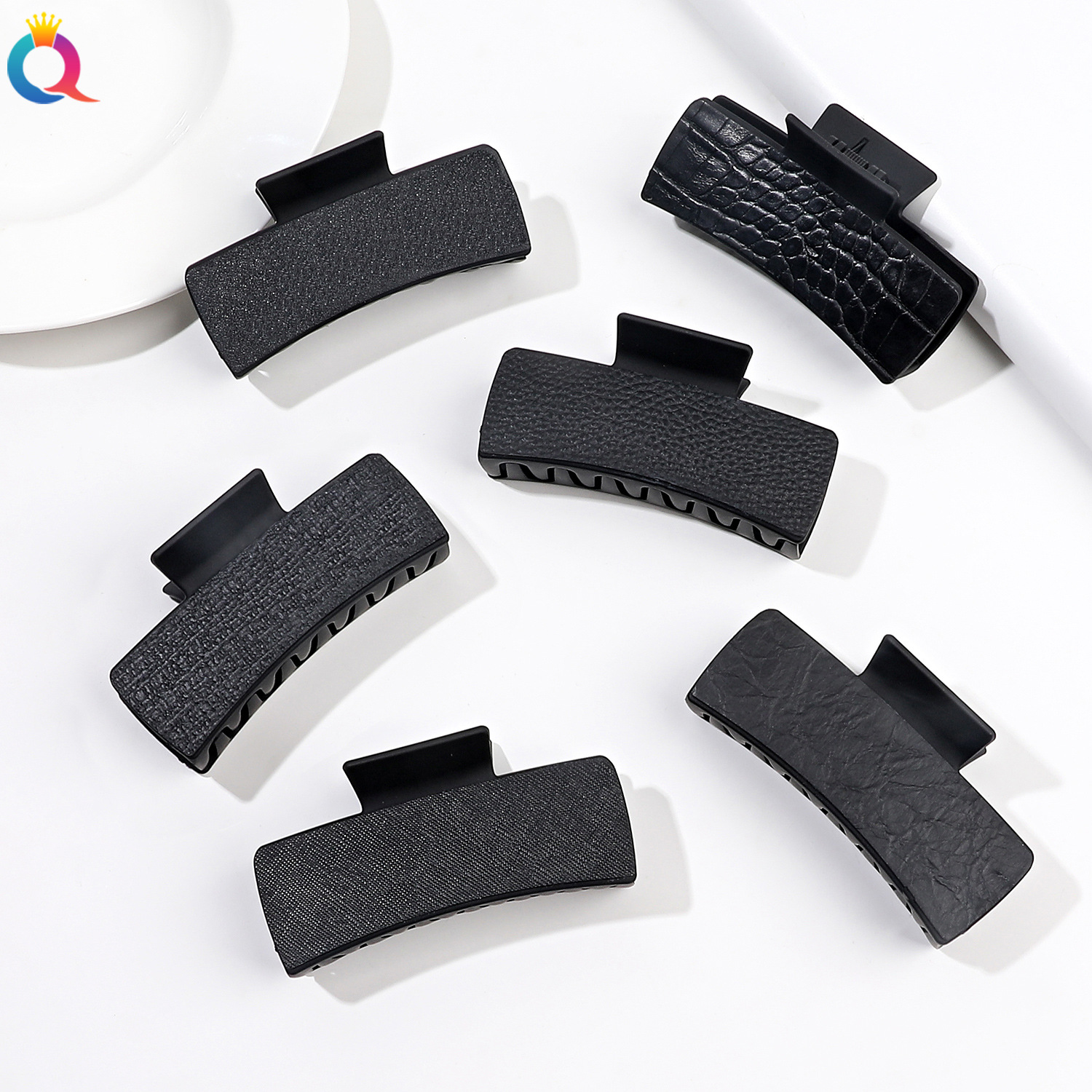 Qiyue Cross-border PU Shark Clip, black hair clip, Amazon retro square clip, updo, grappling clip, women's leather hair accessory details Picture