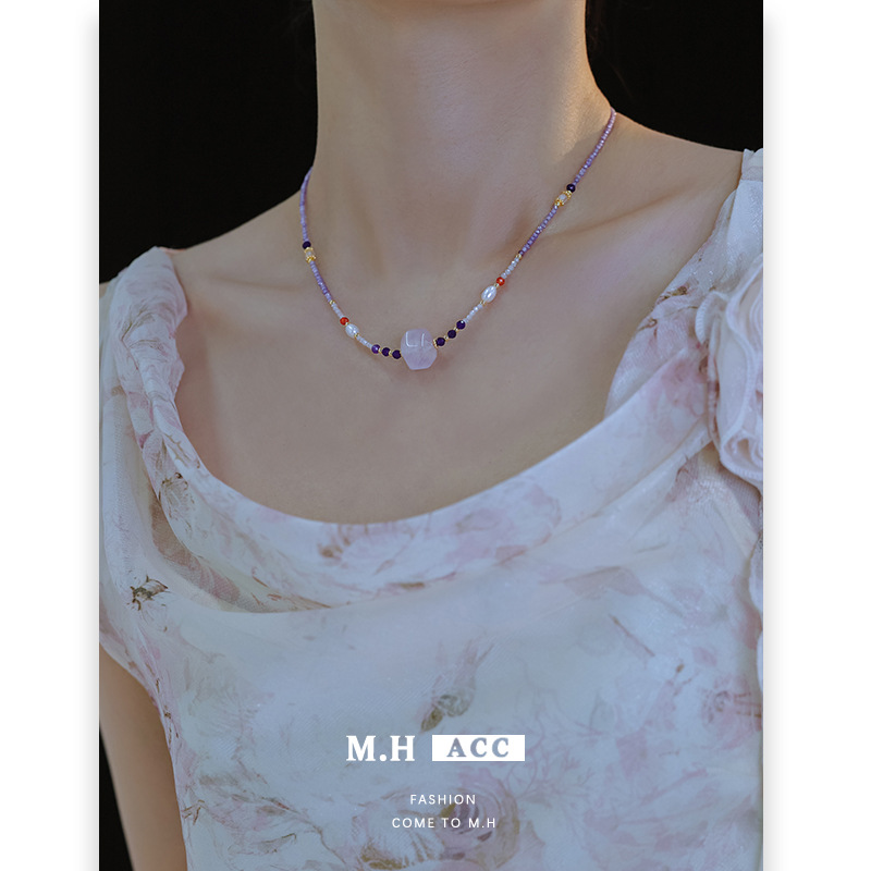 Carefully selected new Chinese-style amethyst necklace for women, simple, light luxury and fashionable. Freshwater pearl collarbone chain, zircon pendant necklace details Picture