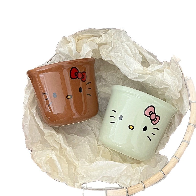 Ins-style black leather kt ceramic cups, mugs, home coffee cups, cream hellokitty girlish cups Item Picture