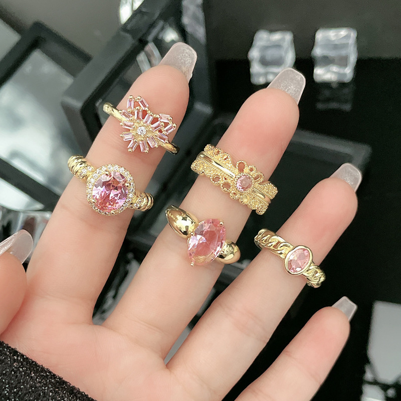 French retro style, pink diamond, Hong Kong-style, niche open ring, women's Instagram, cold style, high-end sense, layered food ring details Picture