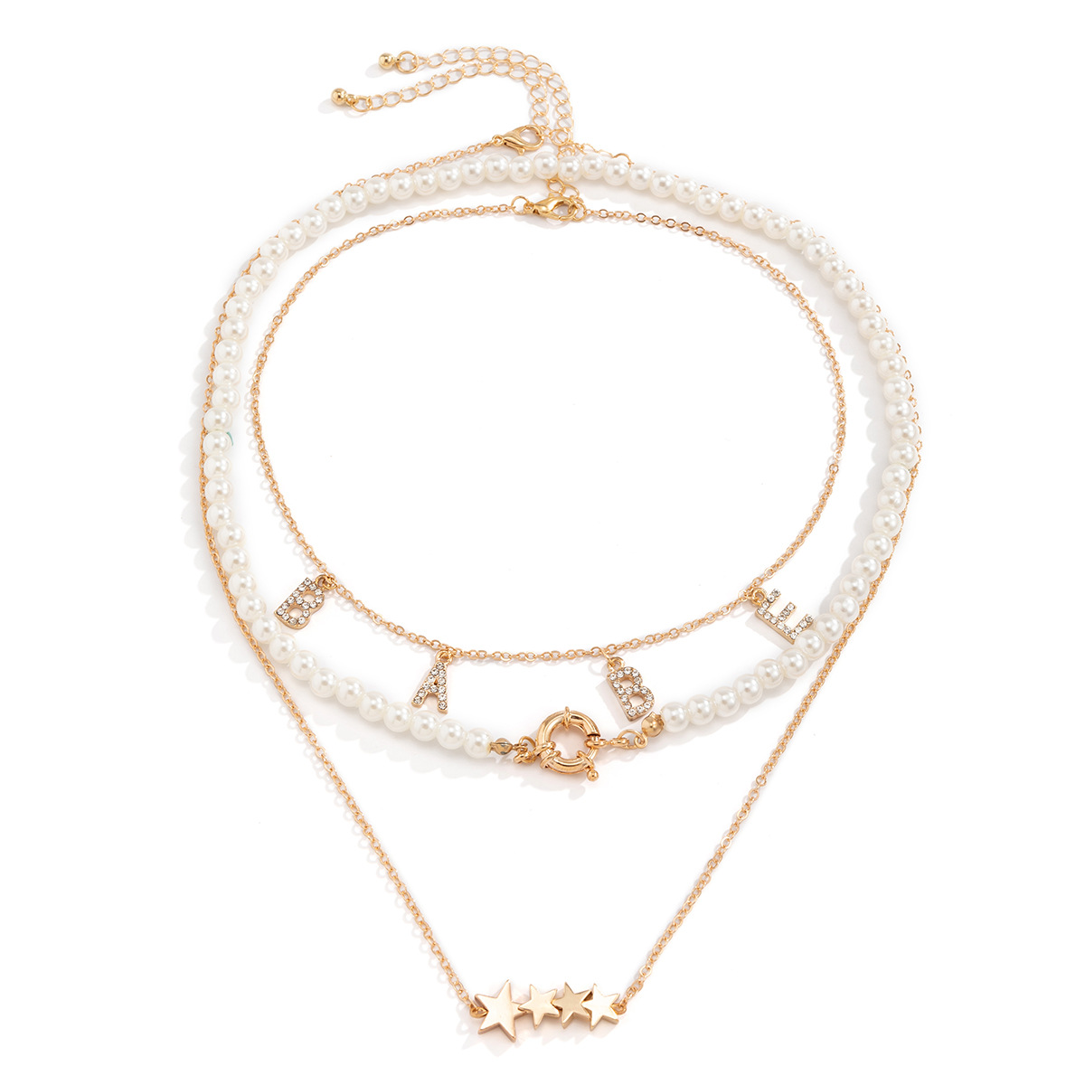 European and American cross-border jewelry, retro mixed and matched imitation pearl chain necklace, studded with water diamonds, star-shaped letters, stacked necklaces for women Item Picture