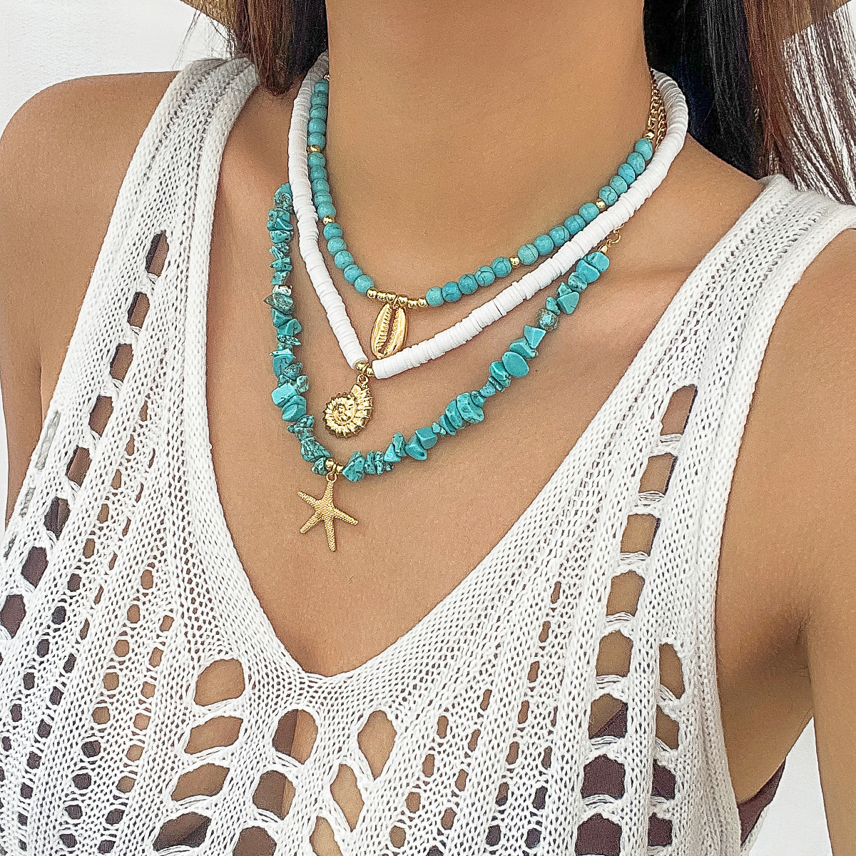 European and American cross-border ocean-style shell and turquoise multi-layer necklace beach starfish beaded necklace item jewelry for women details Picture