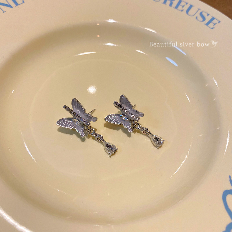 Super fairy butterfly Zircon earrings, summer bestsellers for women, sweet and girlish stud earrings, light luxury and high-end exquisite earrings wholesale Specification drawing