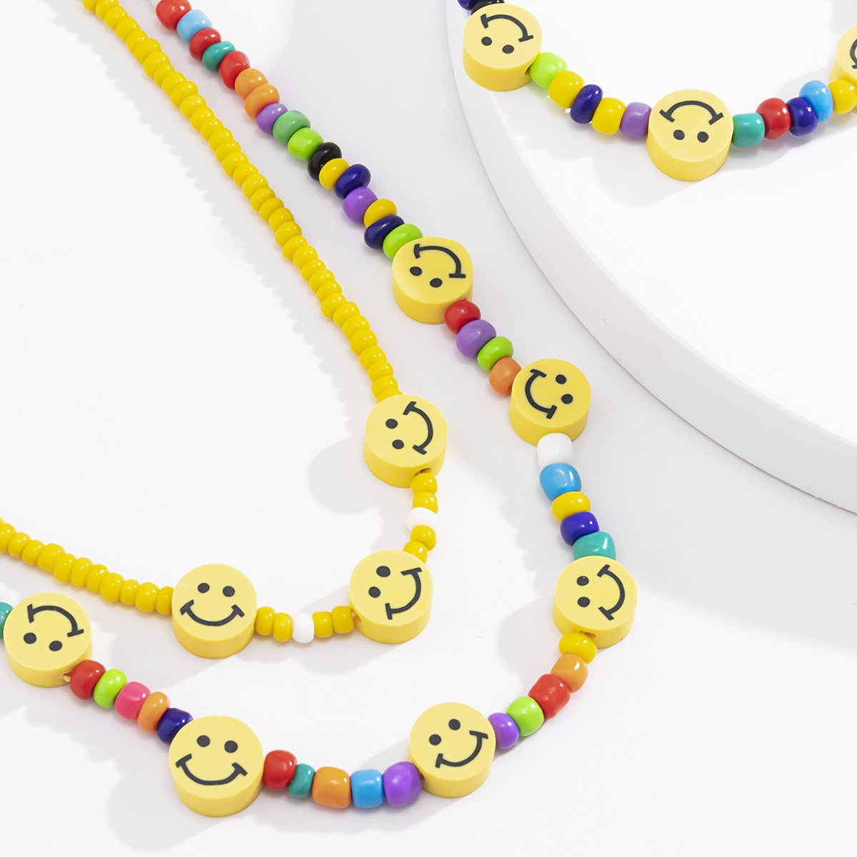 Simple and colorful rice bead chain necklace from Europe and America, elegant and stylish yellow smiling face jewelry set Application Scenario