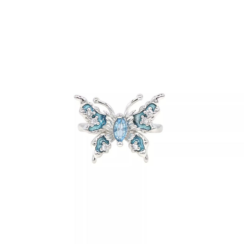 Sweet, cool and fashionable, oil-dripping blue butterfly zircon open ring for women, y2k, cool style, temperament and personality, layered ring Item Picture