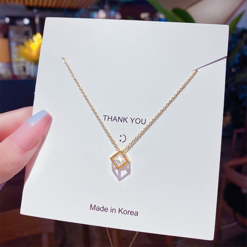 Wholesale fashionable hollowed-out love cube necklace for women, non-fading crystal pendant, Korean version, versatile and niche collarbone chain for women details Picture