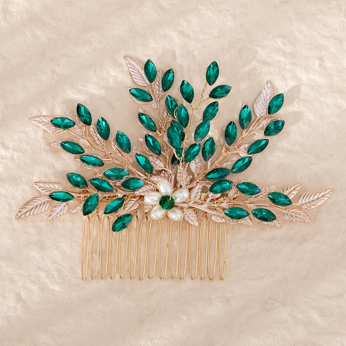 New Chinese-style retro bride's hair accessory, forest-themed alloy leaf hand-inserted comb, high-end green horse's eye water diamond comb details Picture