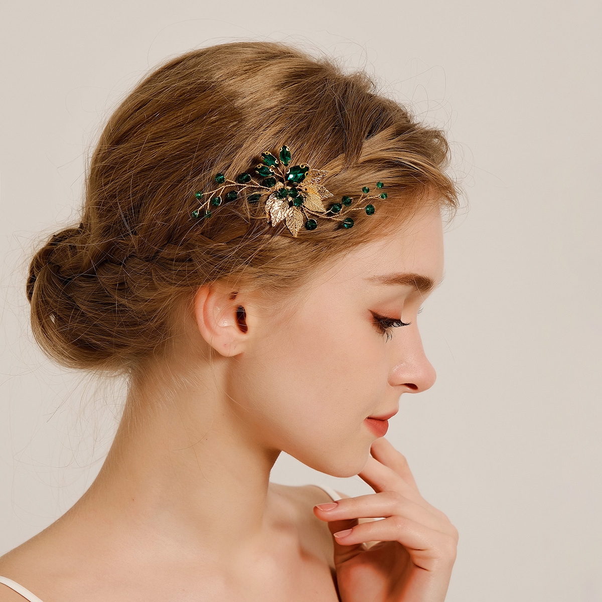 Cross-border new bride's hair comb, party performance, children's updo headwear, women's handcrafted green water diamond five-toothed small insert comb full figure