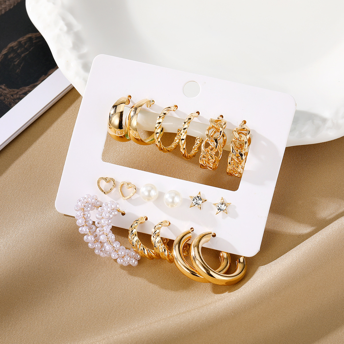 New European and American minimalist earrings, creative, individual and fashionable, large ring earrings set with rhinestones, 9 pairs of earrings for women Application Scenario