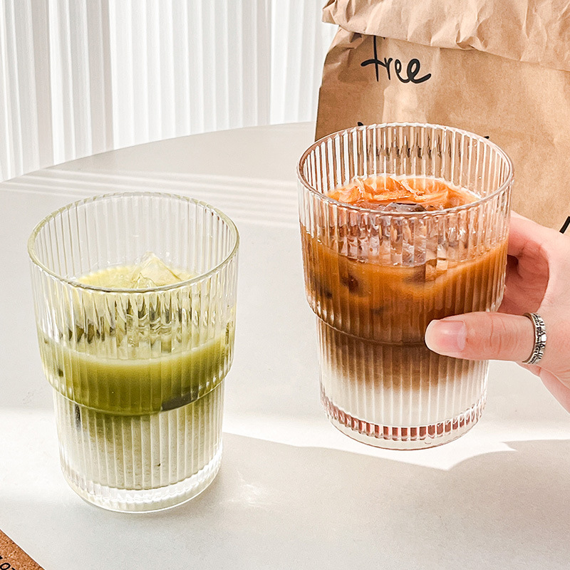Vertical striped coffee cup, iced Americano latte cup, ins style, high appearance level, covered straw cup, household water cup, glass cup details Picture