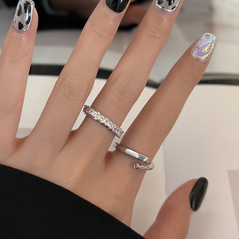 Minimalist opening adjustable plain ring, women's niche design, ins cold style set, zircon full diamond food ring details Picture
