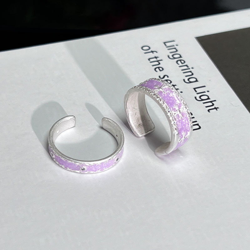 Sweet matte silver-plated wide purple drip glaze open ring, fashionable, simple and versatile couple index finger ring details Picture
