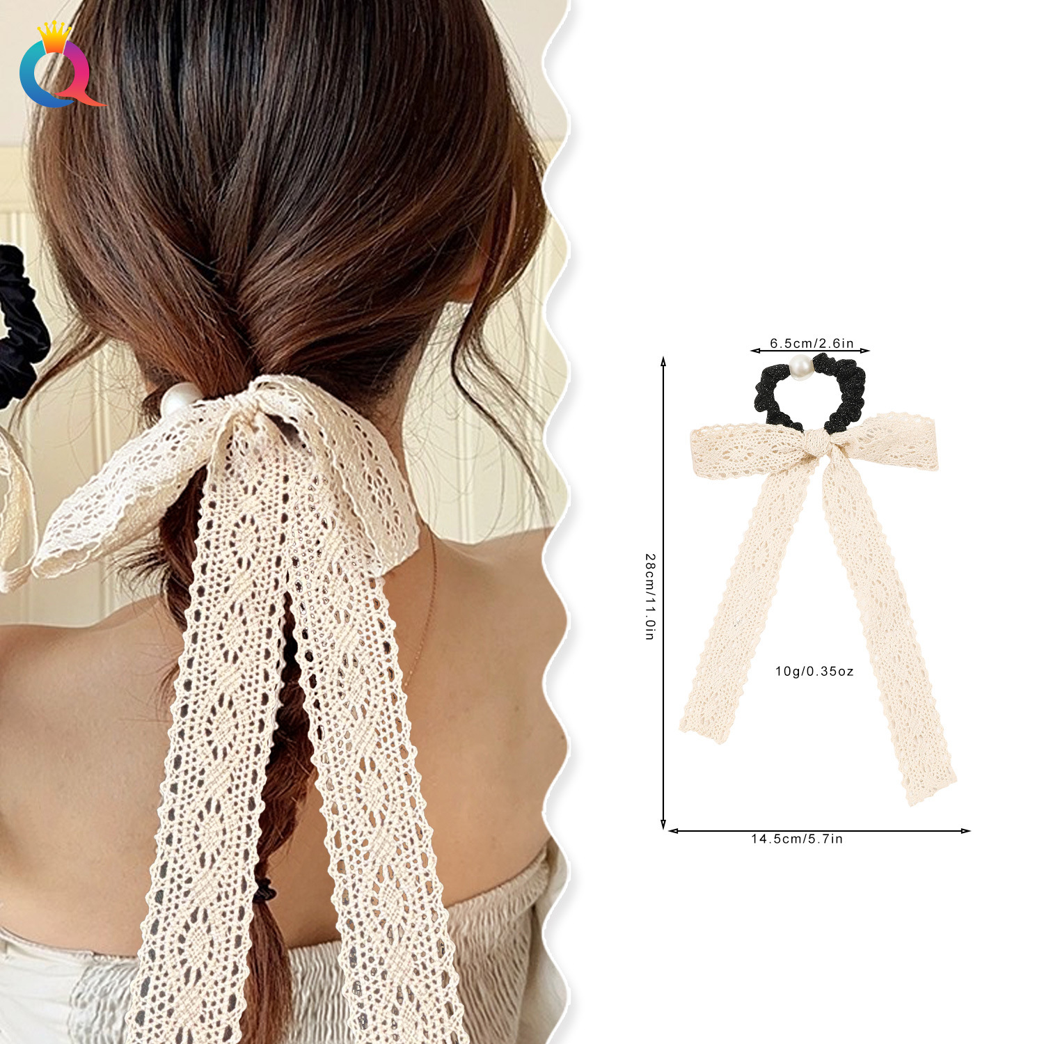 Qiyue Bow hair band, lace ribbon, Large Intestine hair band, sweet High elasticity pearl leather band, hair tie and hair accessory wholesale details Picture