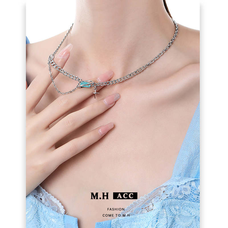 Spring and summer blue geometric necklace for women wholesale, personalized, elegant, fashionable and versatile sweater chain, light luxury and cold style accessory details Picture