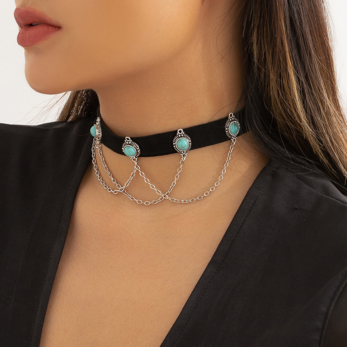 European and American cross-border jewelry alloy sweet and cool girl choker collar, retro black velvet turquoise tassel necklace full figure