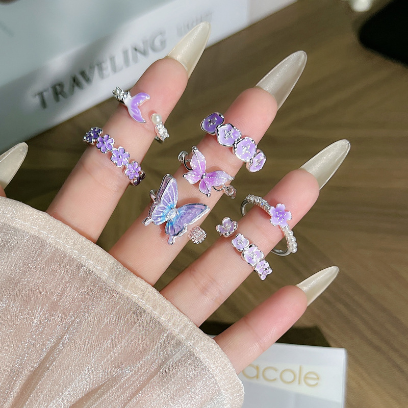 A super sweet and ethereal taro and violet gradient flower style open ring for women, a simple and versatile silver ring details Picture