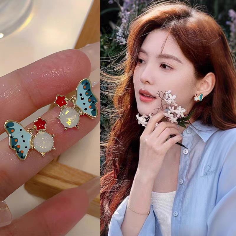 Enamel oil-dripping texture butterfly stud earrings with silver needles, fresh and sweet style, Korean-style high-end and versatile earrings full figure