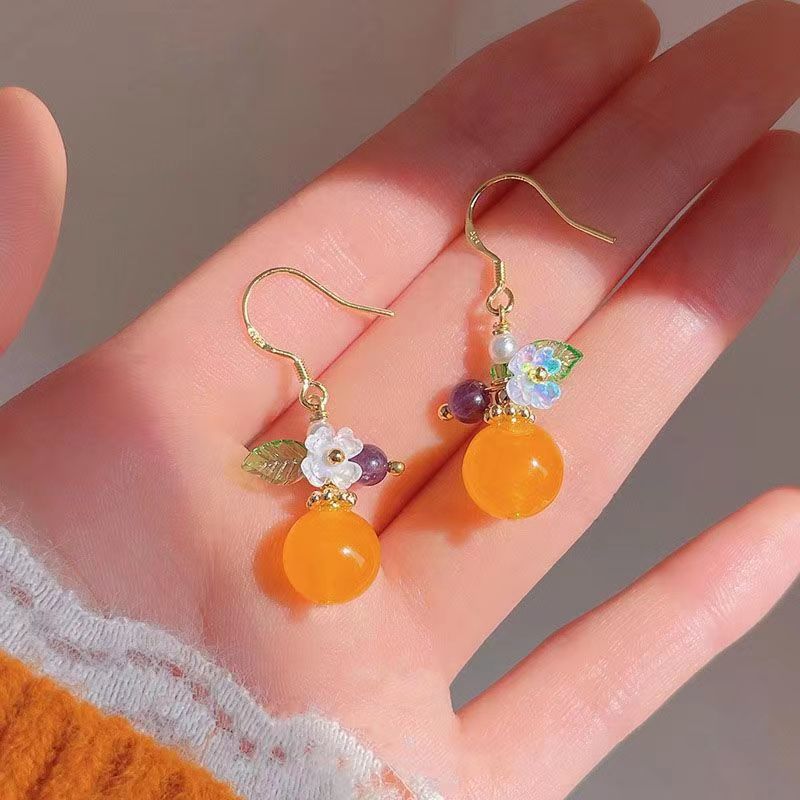 Super beautiful ~ Summer Orange ~s925 Niche creative design earrings, women's country style yellow jade flower stud earrings details Picture