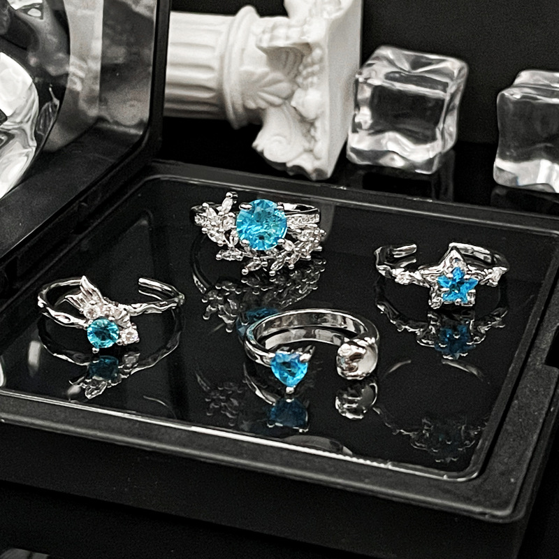 The blue zircon light luxury layered ins fashion open ring, a cold and aloof style for women, with a unique and elegant temperament and a high-end ring trend Specification drawing