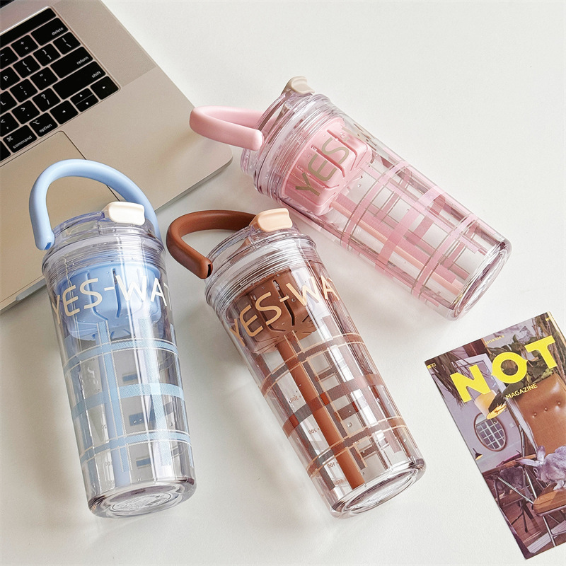 Checkered handle portable straw cup, summer TRitan water cup, high appearance level, heat-resistant plastic cup with scale Specification drawing