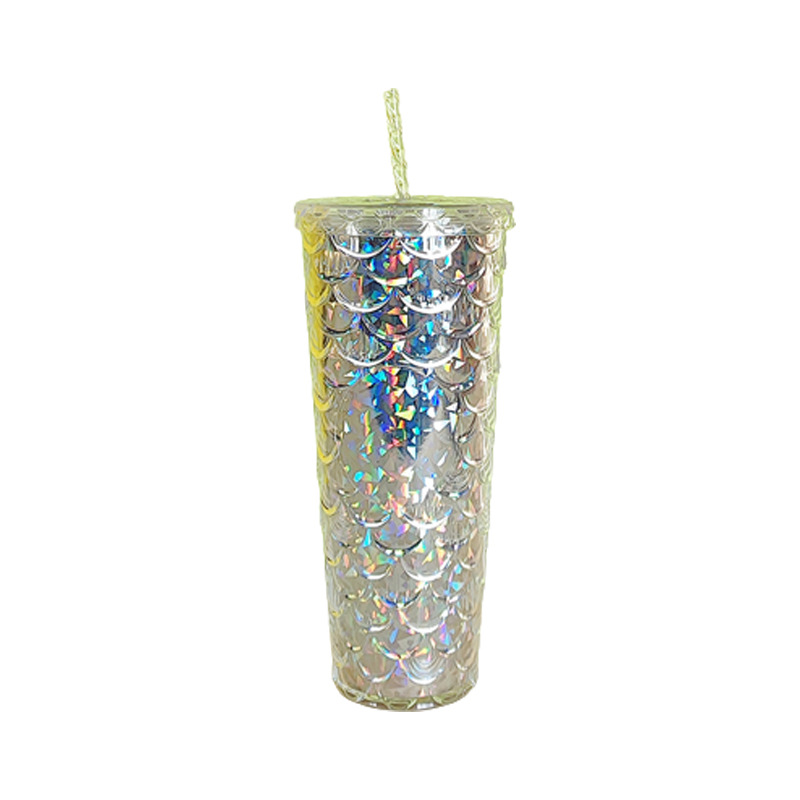 Wholesale of cross-border new products, fashionable large-capacity fish-scale cups, double-layer heat-insulating plastic straw cups, and gradient drinking cups from manufacturers Item Picture