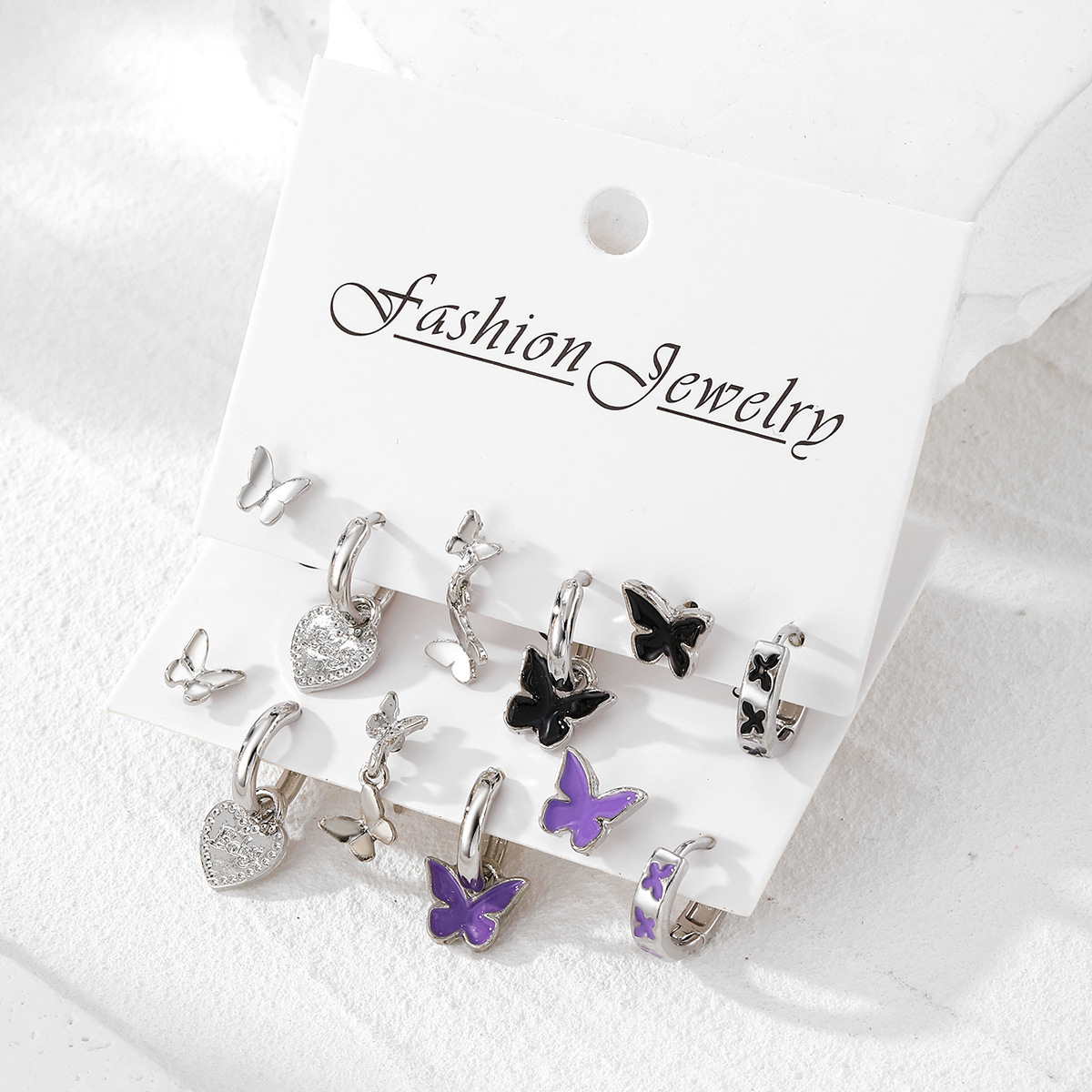 New cross-border butterfly stud earrings, heart-shaped ear buckles, fresh and sweet alloy earring set, butterfly enamel drop glaze earrings details Picture