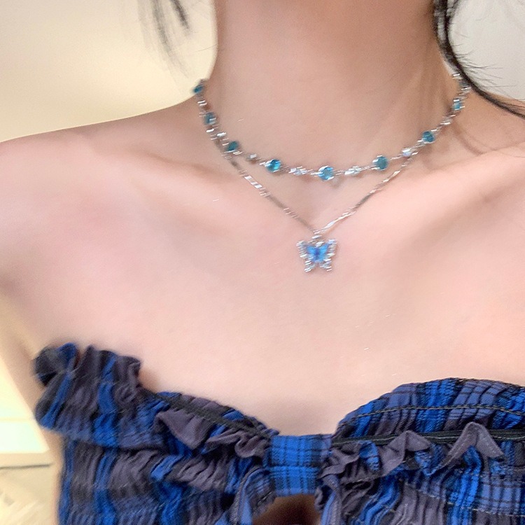 Summer sparkling diamond butterfly necklace with a feminine, light luxury and unique double-layer choker collarbone chain details Picture