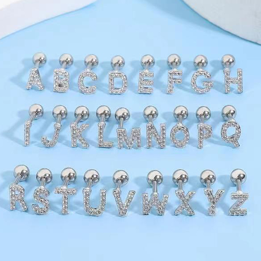 Cross-border European and American zircon 26-letter ear bone stud, retro and personalized alloy letter thread ear stud, ear puncture Specification drawing
