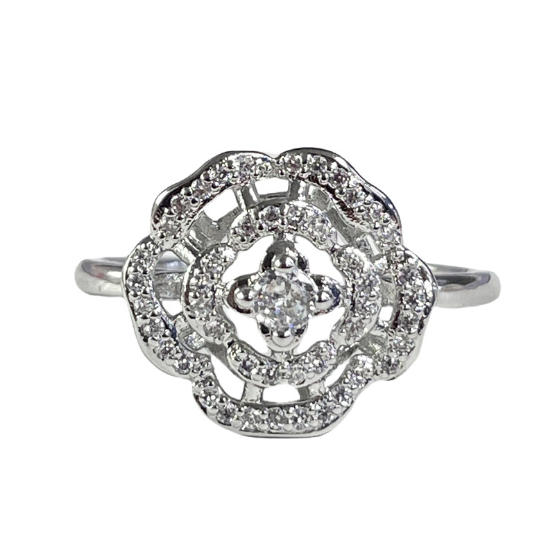 A light luxury and high-end full-diamond zircon flower open ring for women, exquisite and versatile, sweet and cool geometric style ring Item Picture